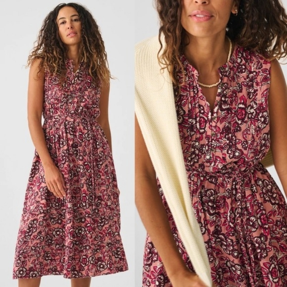 Faherty‎ Women's Isha Linen Midi Dress in Rose Desert Bloom - Size Small
